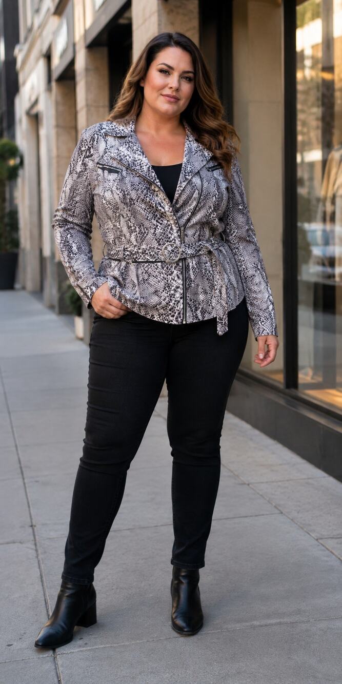 Fashion Bug Womens 26 3X Snakeskin Print Belted Moto Jacket Zip Plus Size